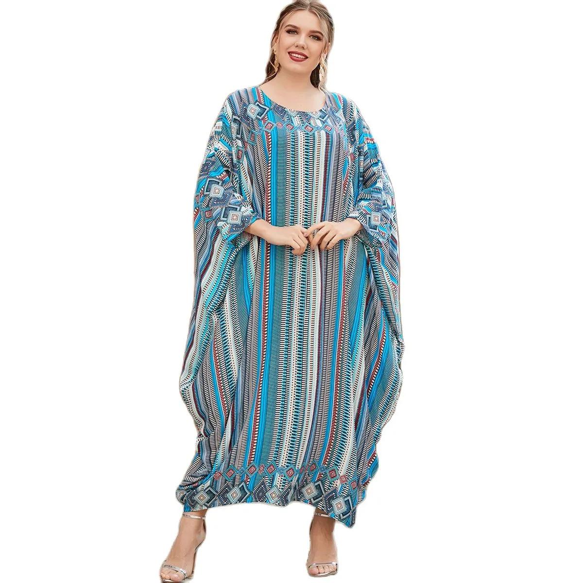 두바이 여성을위한 이슬람 이브닝 드레스 드레스 2247 대형 느슨한 컬러 스트 라이프 인쇄 박쥐 슬리브 로브 긴 소매 여성의 드레스